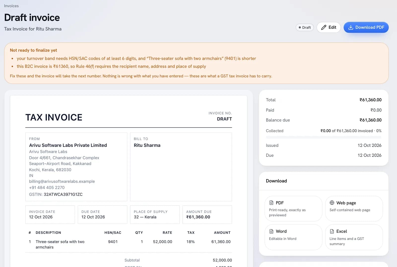 A draft invoice in Falcon, headed "Not ready to finalize yet", listing a short HSN code and the missing recipient address for a B2C invoice of ₹61,360