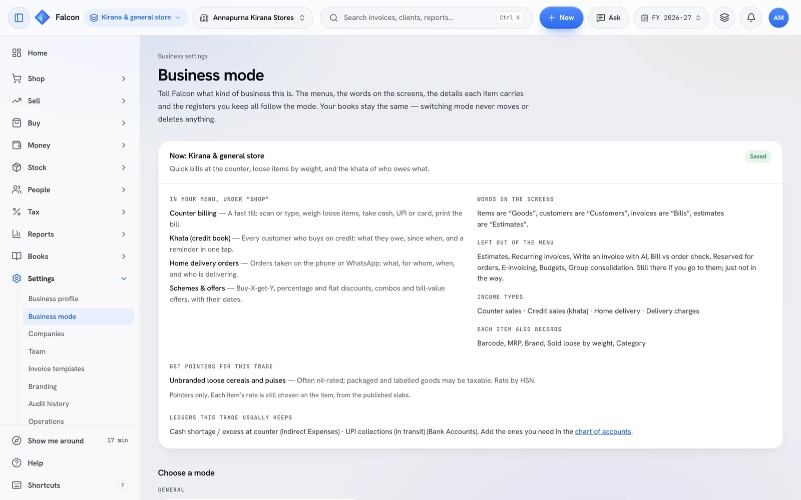 Falcon's business mode settings for a kirana store, listing the menu it adds, the words it uses, the income types, item details, GST pointers and suggested ledgers