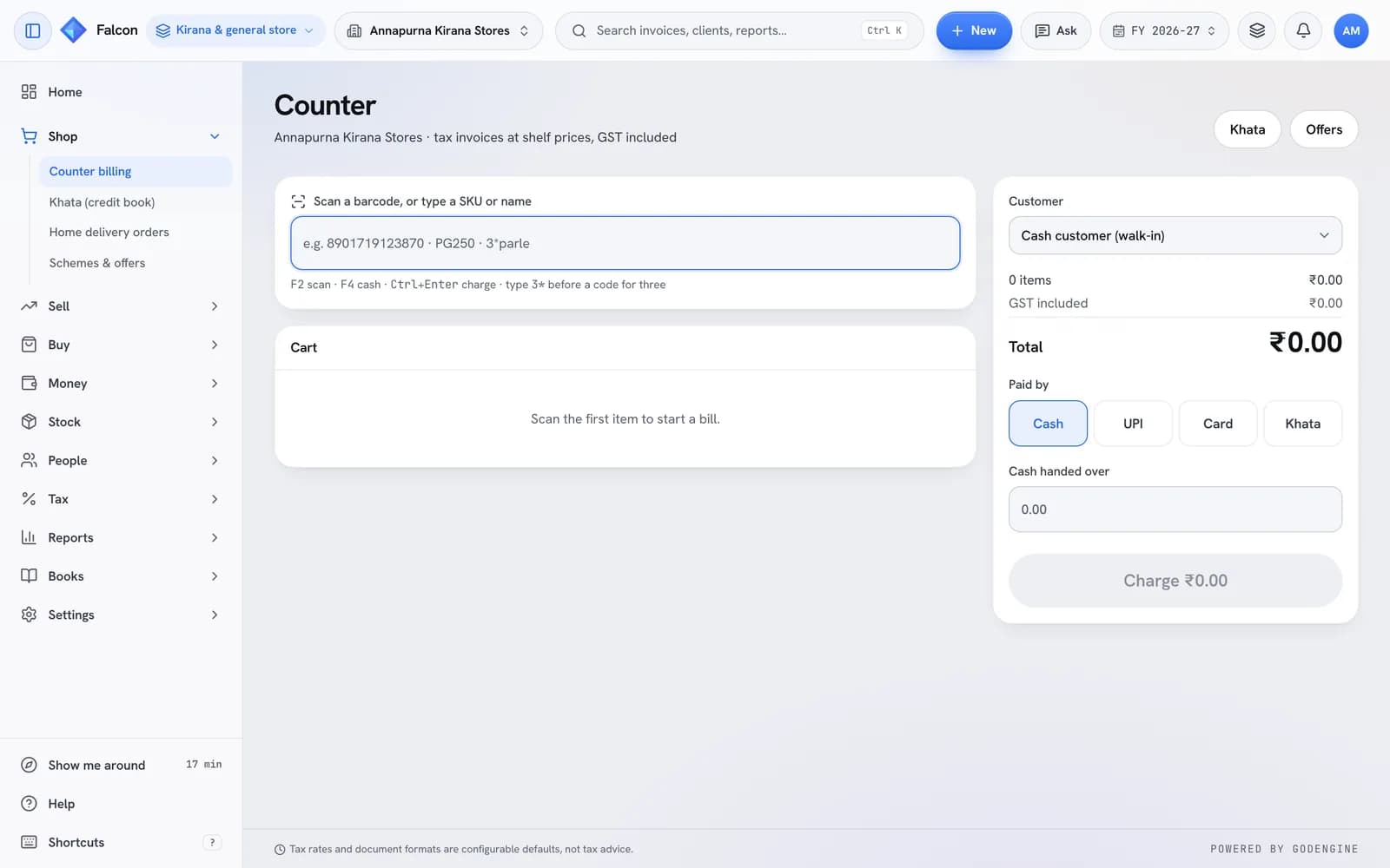 The counter billing screen in kirana mode: a scan box for a barcode, SKU or name, the cart, and payment by cash, UPI, card or khata